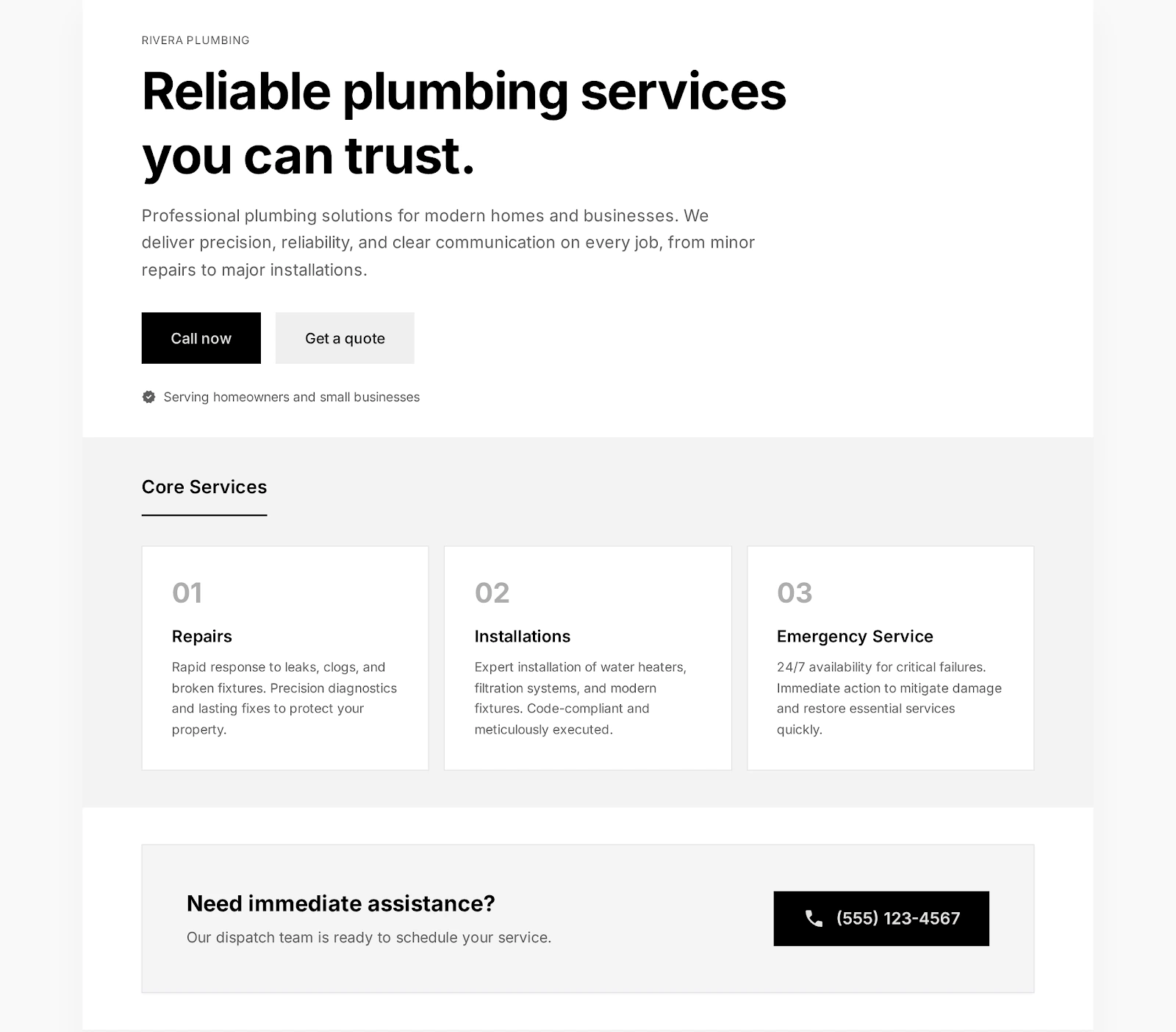 Single-page website example for a local service business