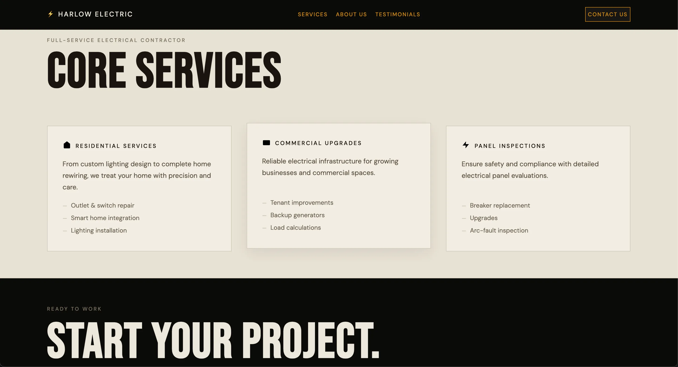Example Fronda website for an electrician - desktop view