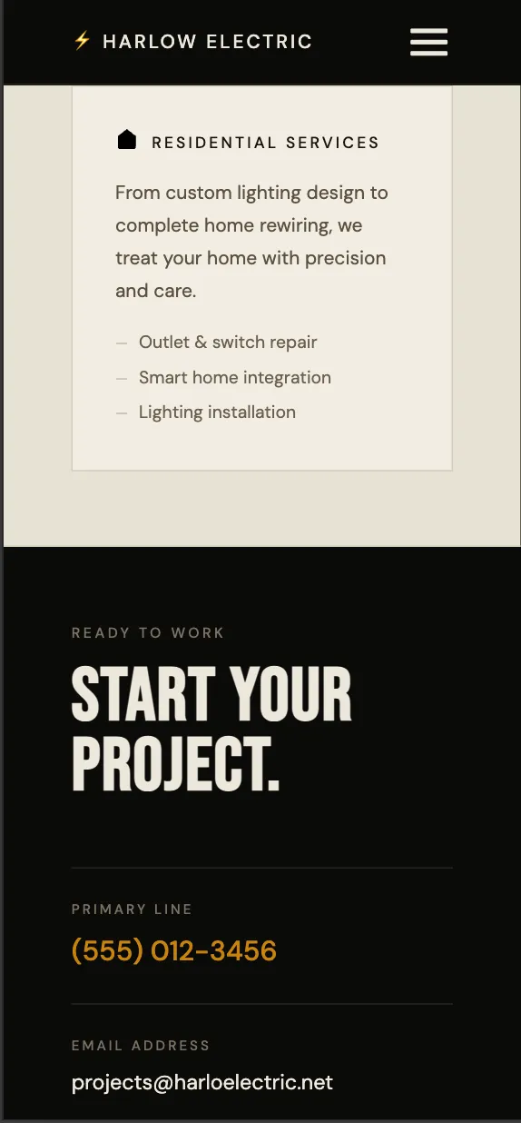 Example Fronda website for an electrician - mobile view